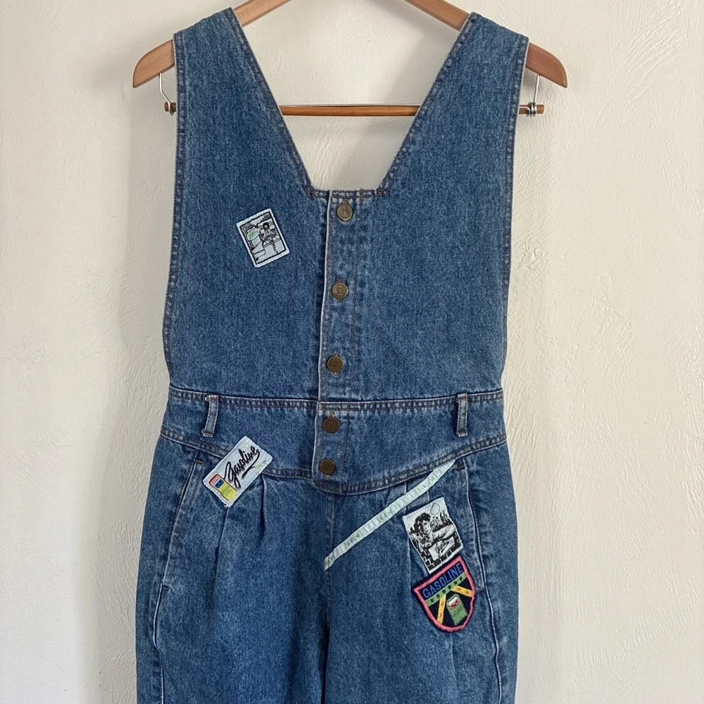 Vtg 80s Gasoline Jean Overalls Size Small Juniors Patches Denim  Boho Festival - Picture 2 of 14